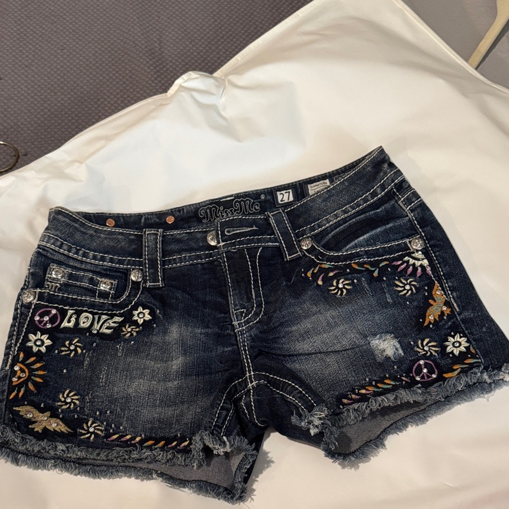 Miss Me Dark Blue Jean Shorts with Colorful Embroidery